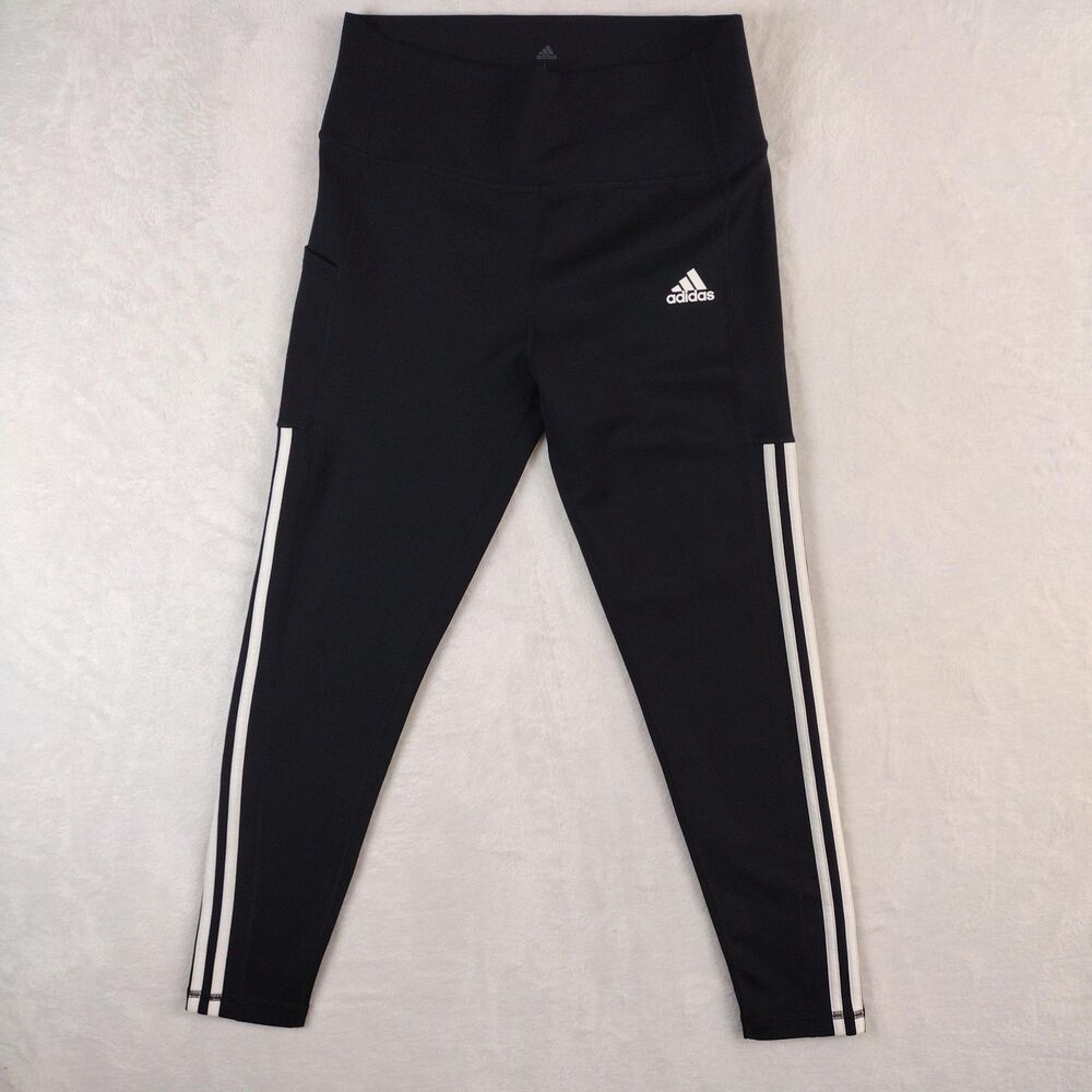 Adidas Tights Womens Size Large Black White Ladies 3‎ Stripe High Waisted
